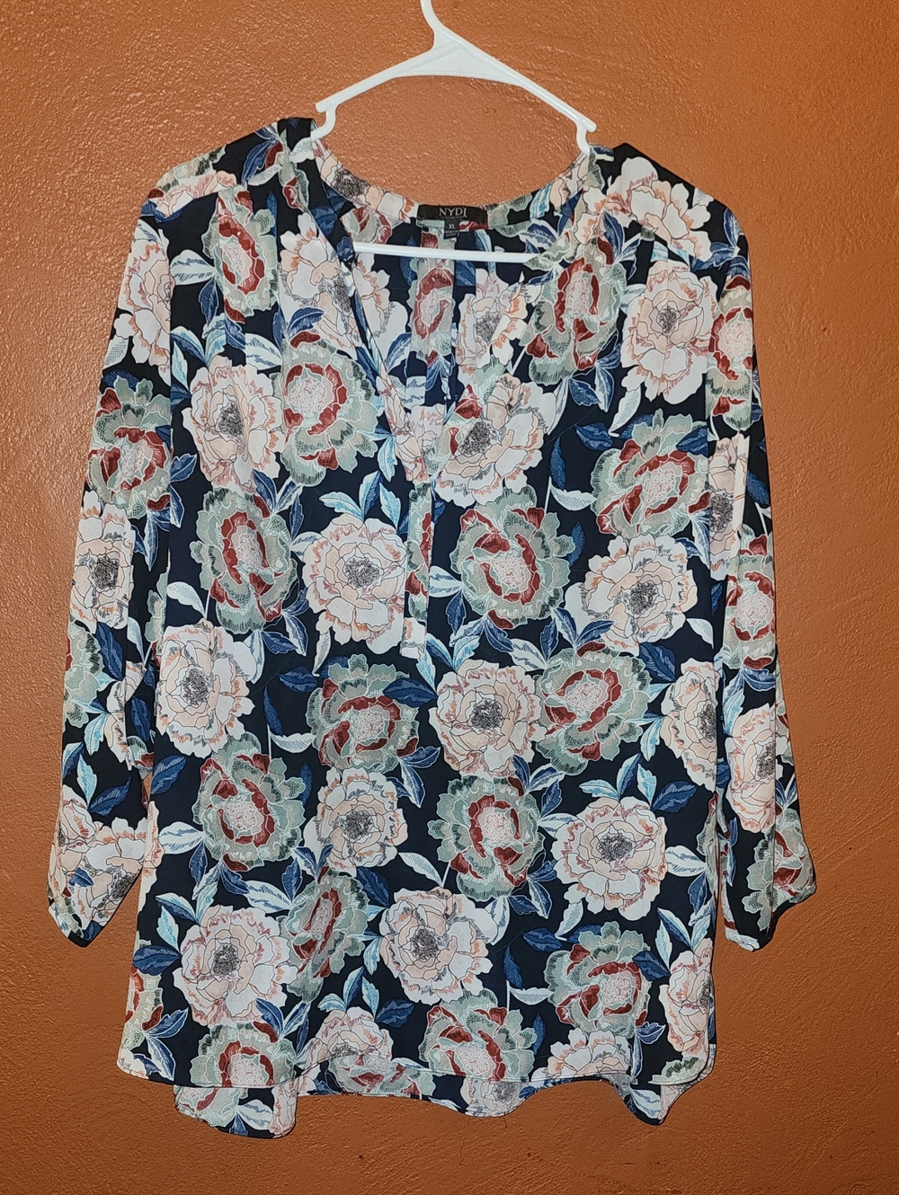 NYDJ Navy Floral Split-Neck Tunic Blouse